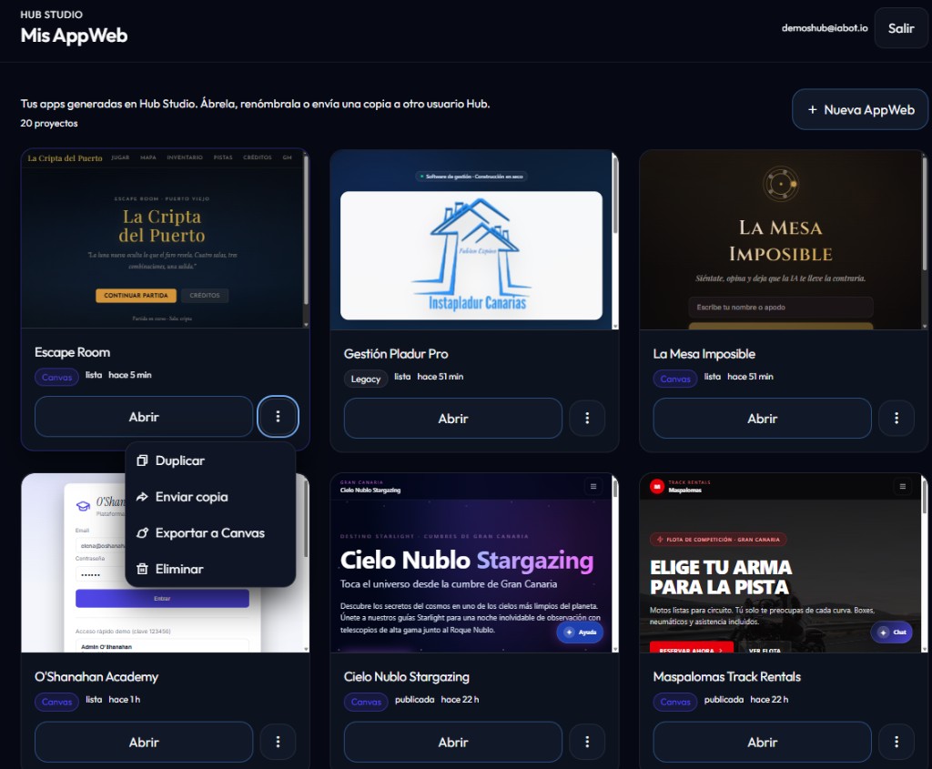 Mis AppWeb: menú ⋮ con Enviar copia
