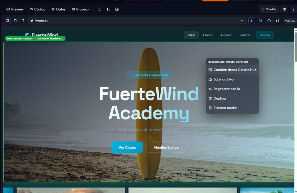 Selector visual activo: clic derecho sobre un fondo con menú Cambiar desde Galería Hub