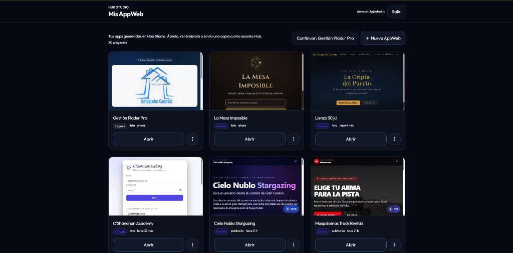Mis AppWeb in Hub Studio: project cards and New AppWeb button
