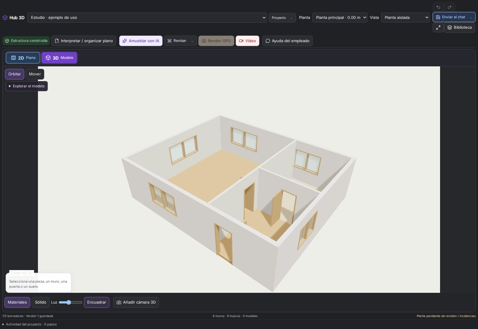 Captura de Hub 3D con un proyecto sintético de ejemplo