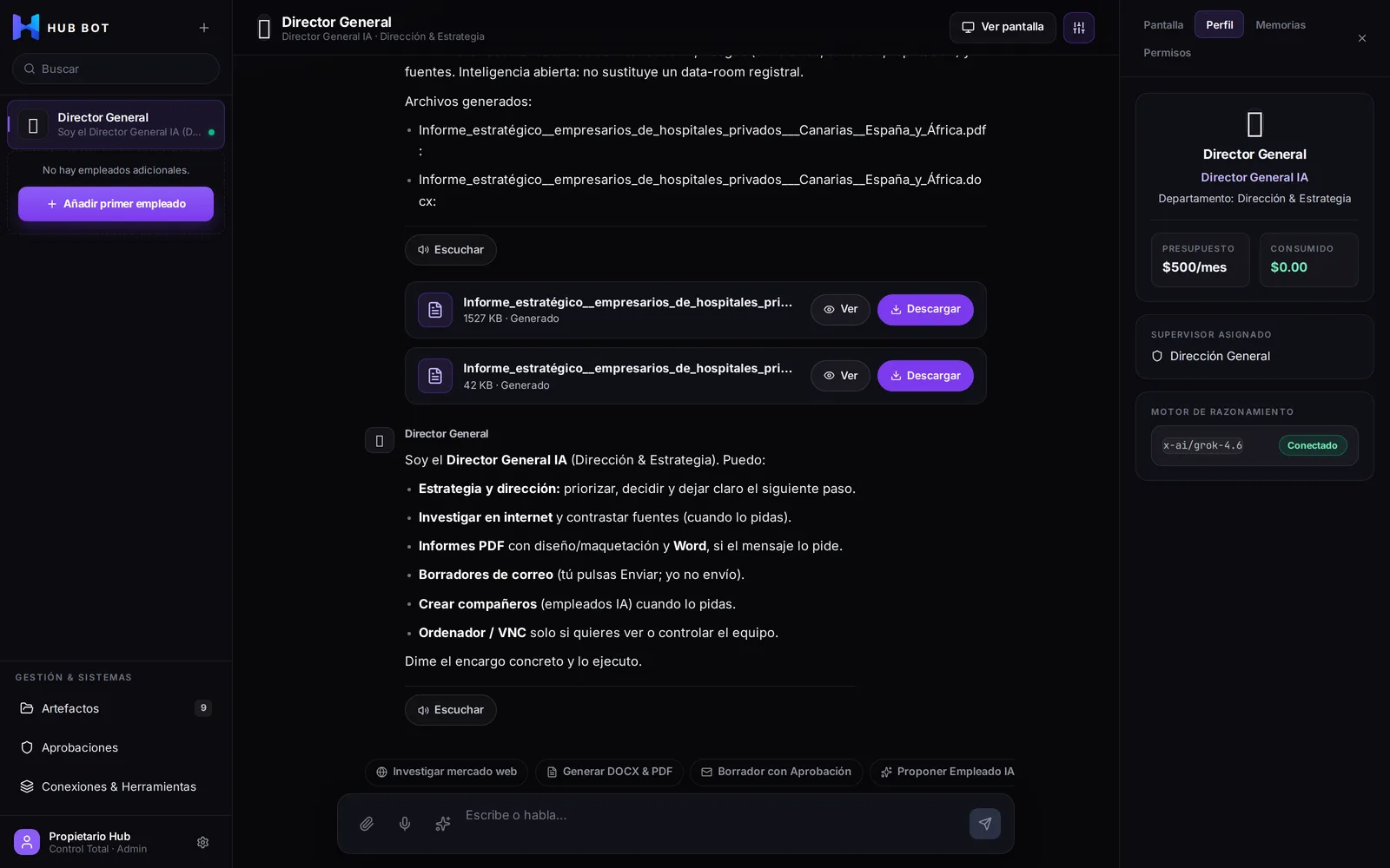 Hub Bot: empleado IA con presupuesto, artefactos generados y control de ordenador