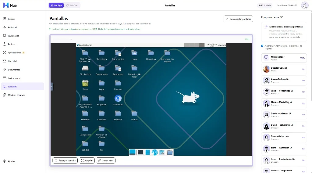Captura de Hub Bot App: Pantallas, escritorio de la empresa y el equipo en ese PC